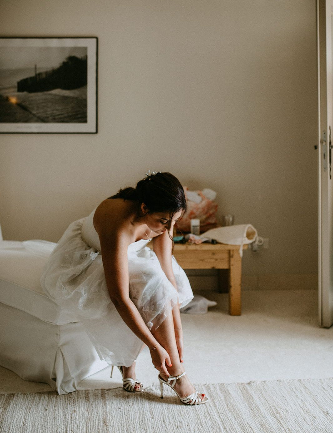 Robe de mariée bustier en soie et tulle brodé réalisée sur mesure